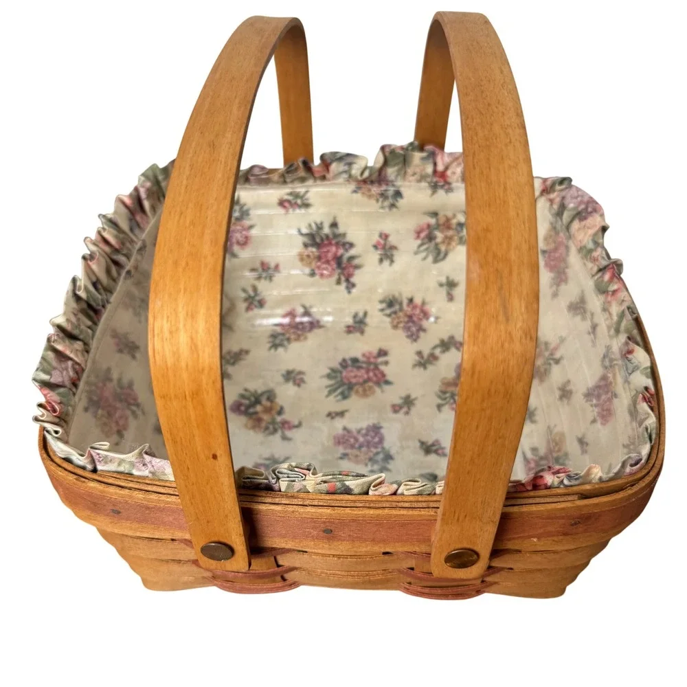 Longaberger 1992 Handwoven Square Basket Floral Liner Plastic Insert Signed TH